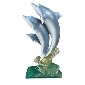 Dolphin Waves Resin Figurine Aquatic Marine Life Coastal Beach Kitsch 12.5' H.